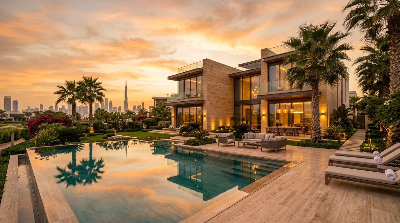 Contemporary luxury Dubai villa with a private infinity pool at golden hour
