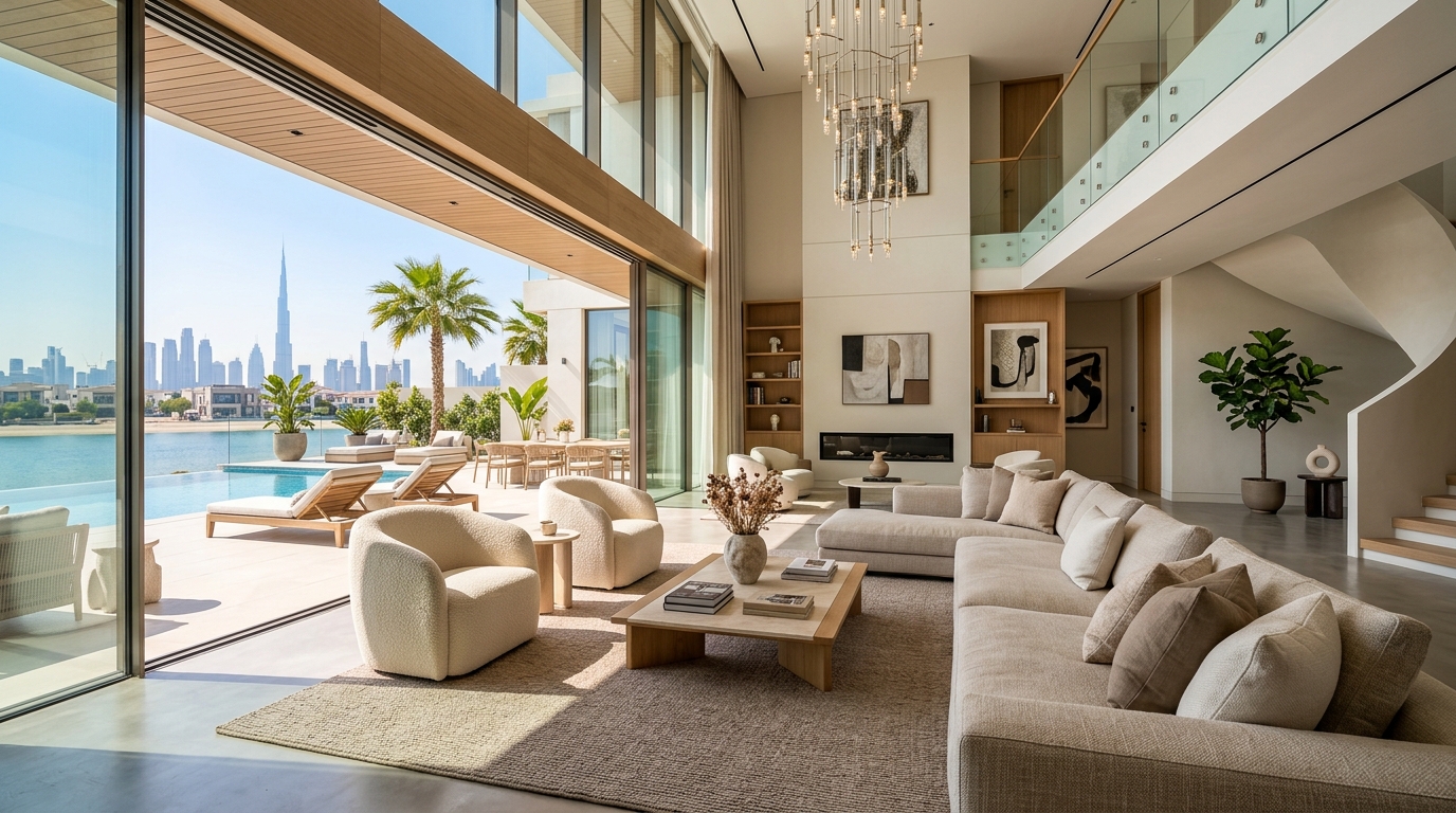 Luxurious modern Dubai villa interior with floor-to-ceiling windows
